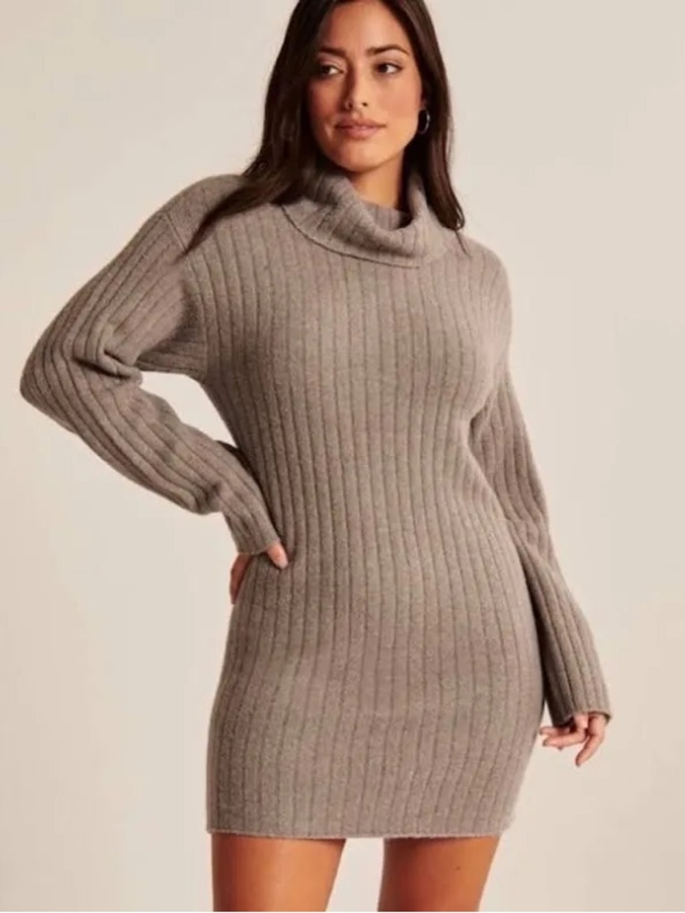 Abercrombie & Fitch Taupe Ribbed Turtleneck Sweater Dress